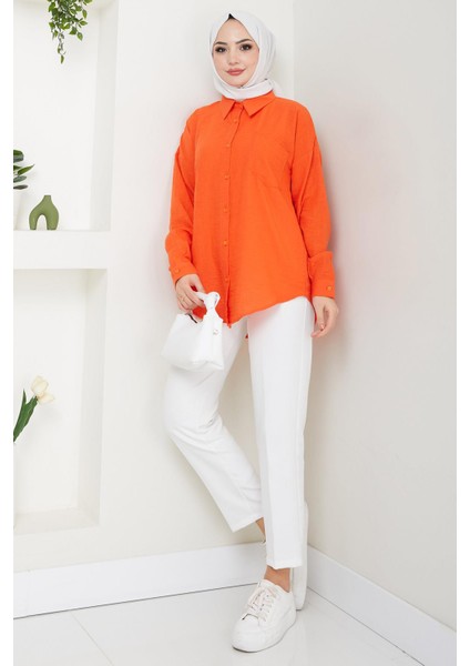 Tek Cepli Uzun Kol Oversize Keten Gömlek Mercan HM2651 modelleri