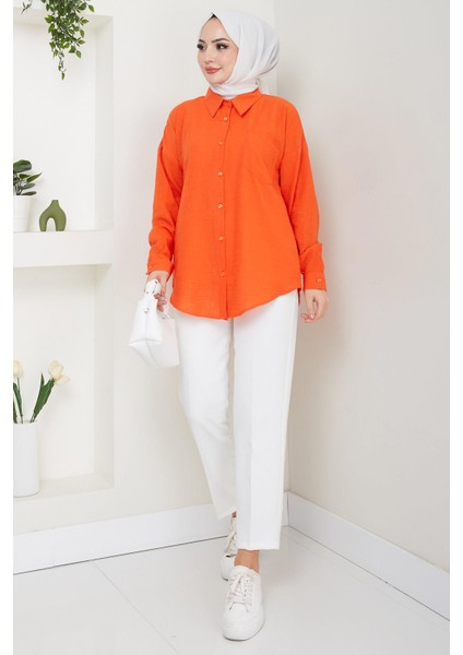 Tek Cepli Uzun Kol Oversize Keten Gömlek Mercan HM2651 fırsatları