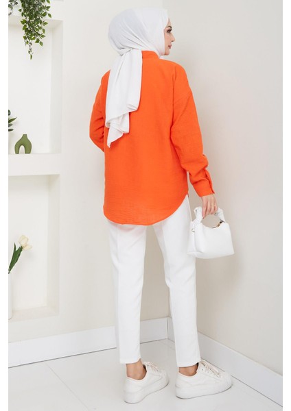 Tek Cepli Uzun Kol Oversize Keten Gömlek Mercan HM2651 indirimleri