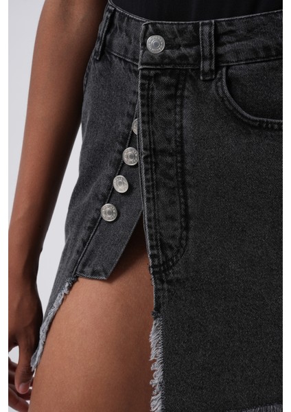 Düğme Detay Asimetrik Denim Siyah Etek indirimleri