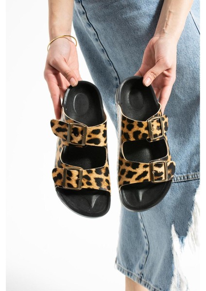 Leopar Yazlık Unisex Çift Toka Yumuşak ve Hafif Terlik