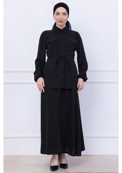 Beli Bağlamalı Etekli Ayrobin Takım Siyah HM2734