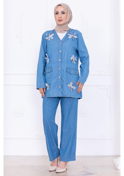 Papatya Dokunuşlu Yazlık Kot Takım HM2779 Açık Mavi