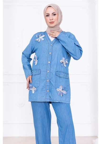 Papatya Dokunuşlu Yazlık Kot Takım HM2779 Açık Mavi modelleri