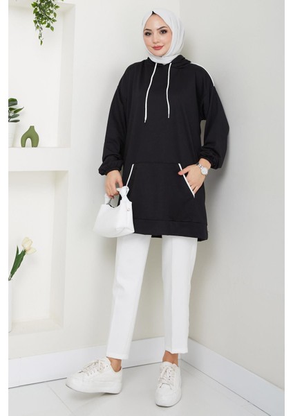 Biye Detaylı Kapüşonlu Kanguru Cepli Sweatshirt Tunik Siyah HM2645