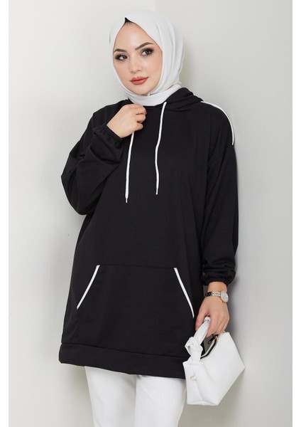 Biye Detaylı Kapüşonlu Kanguru Cepli Sweatshirt Tunik Siyah HM2645 fiyatları