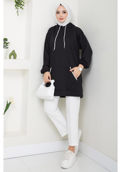 Biye Detaylı Kapüşonlu Kanguru Cepli Sweatshirt Tunik Siyah HM2645 modelleri