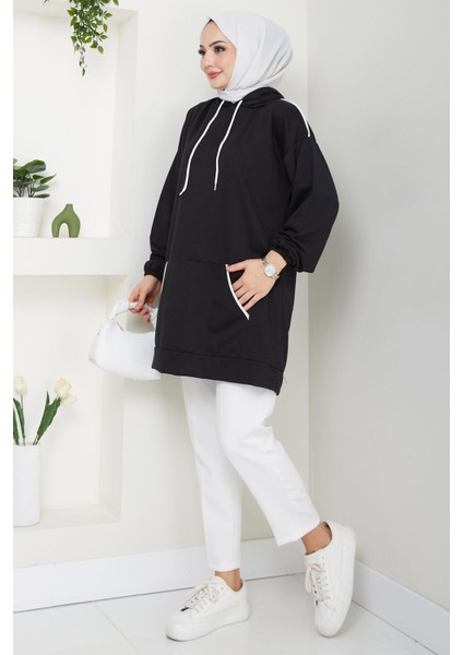 Biye Detaylı Kapüşonlu Kanguru Cepli Sweatshirt Tunik Siyah HM2645 fırsatları
