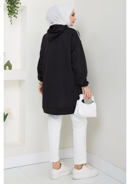 Biye Detaylı Kapüşonlu Kanguru Cepli Sweatshirt Tunik Siyah HM2645 indirimleri