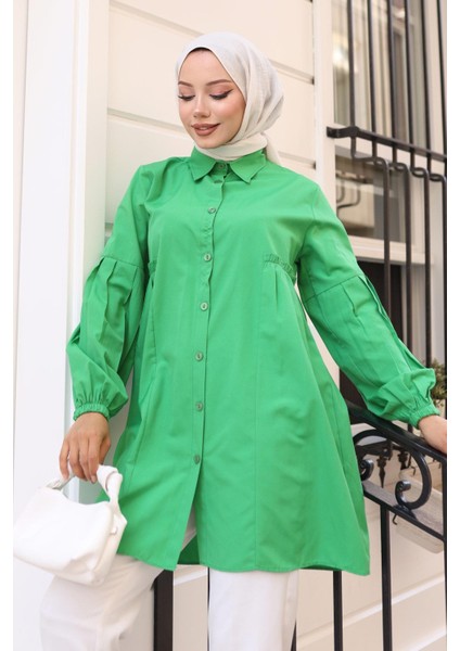 Büzgü Detaylı Balon Kol Gömlek Yeşil HM2763 modelleri
