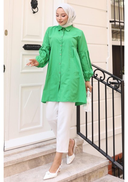Büzgü Detaylı Balon Kol Gömlek Yeşil HM2763 indirimleri