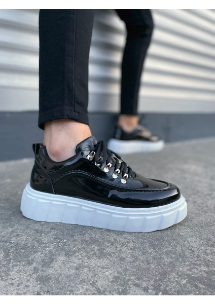 JY010 Premium Cloud Kalın Taban Erkek Sneaker - Siyah Beyaz Rugan