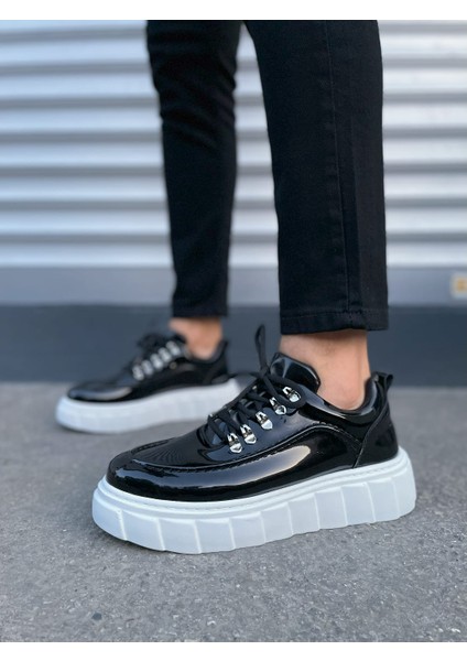 JY010 Premium Cloud Kalın Taban Erkek Sneaker - Siyah Beyaz Rugan fiyatları