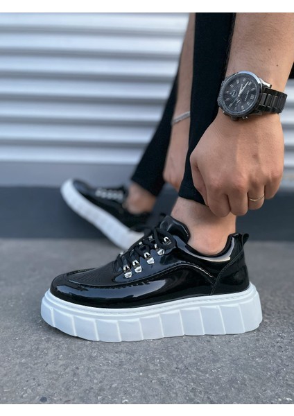 JY010 Premium Cloud Kalın Taban Erkek Sneaker - Siyah Beyaz Rugan modelleri
