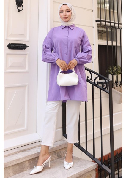 Büzgü Detaylı Balon Kol Gömlek Lila HM2763