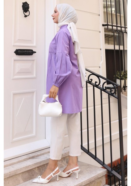 Büzgü Detaylı Balon Kol Gömlek Lila HM2763 fırsatları