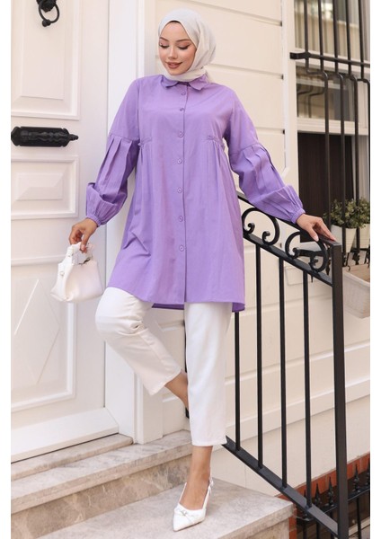 Büzgü Detaylı Balon Kol Gömlek Lila HM2763 indirimleri