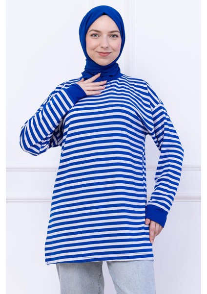 Çizgili Kısa Penye Tunik Saks Mavisi HM2477