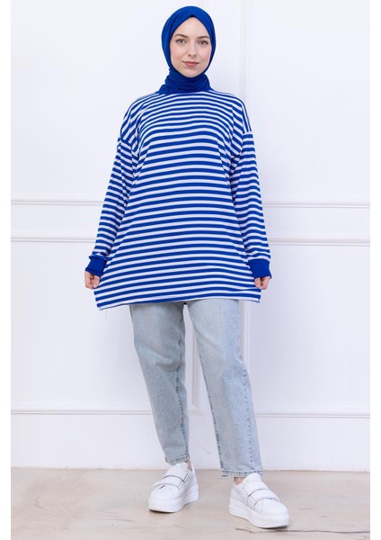 Çizgili Kısa Penye Tunik Saks Mavisi HM2477 fiyatları
