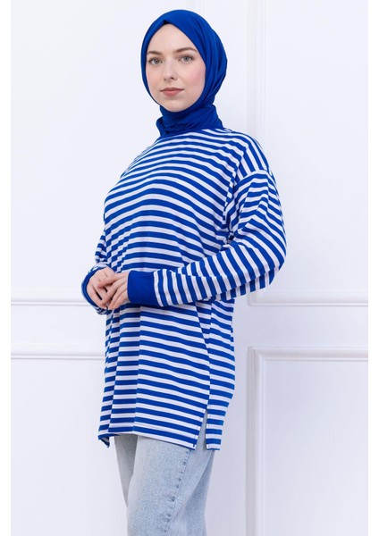 Çizgili Kısa Penye Tunik Saks Mavisi HM2477 modelleri