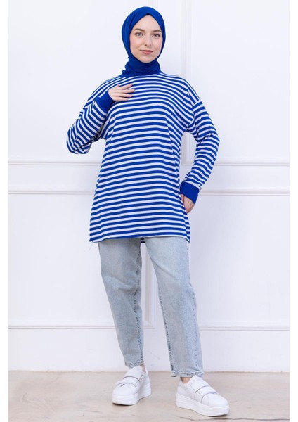 Çizgili Kısa Penye Tunik Saks Mavisi HM2477 fırsatları