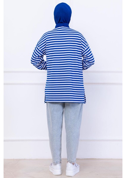 Çizgili Kısa Penye Tunik Saks Mavisi HM2477 indirimleri