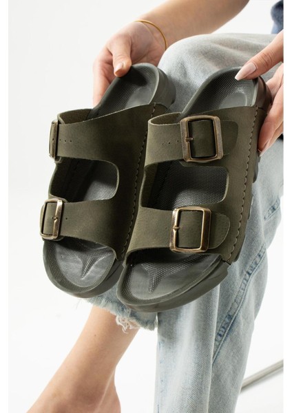 Haki Yazlık Unisex Çift Toka Yumuşak ve Hafif Terlik