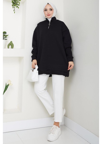 Fermuarlı 3 Iplik Şardonlu Dik Yaka Sweatshirt Tunik Siyah HM2650