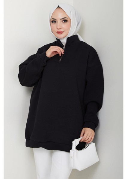 Fermuarlı 3 Iplik Şardonlu Dik Yaka Sweatshirt Tunik Siyah HM2650 fiyatları
