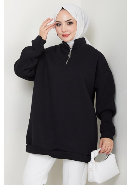 Fermuarlı 3 Iplik Şardonlu Dik Yaka Sweatshirt Tunik Siyah HM2650 modelleri