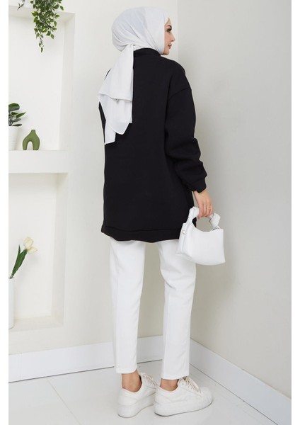 Fermuarlı 3 Iplik Şardonlu Dik Yaka Sweatshirt Tunik Siyah HM2650 fırsatları