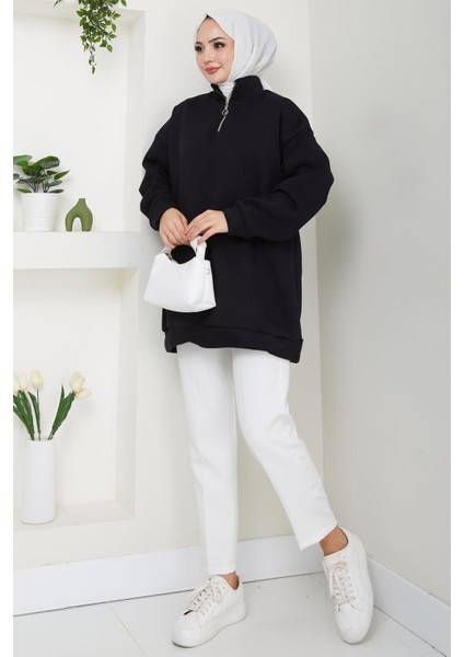 Fermuarlı 3 Iplik Şardonlu Dik Yaka Sweatshirt Tunik Siyah HM2650 indirimleri