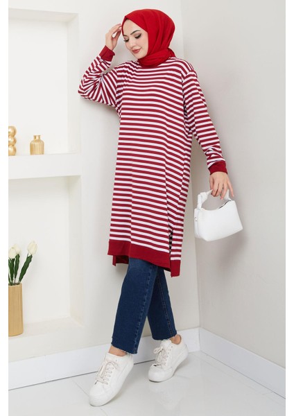 Çizgili Penye Tunik Bordo HM2418