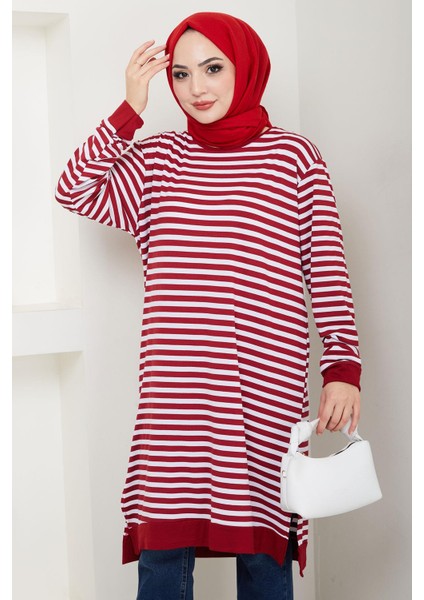 Çizgili Penye Tunik Bordo HM2418 fiyatları