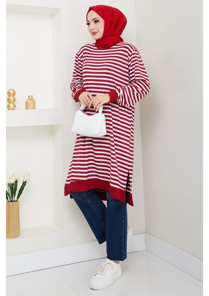 Çizgili Penye Tunik Bordo HM2418 modelleri