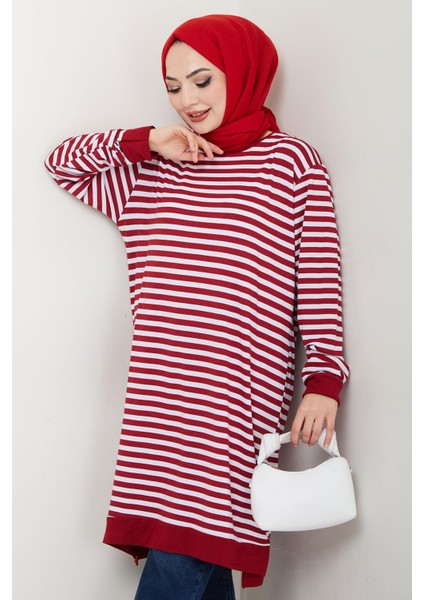 Çizgili Penye Tunik Bordo HM2418 fırsatları