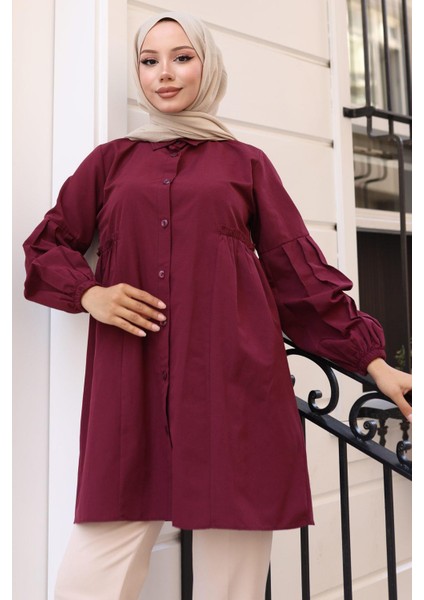 Büzgü Detaylı Balon Kol Gömlek Bordo HM2763