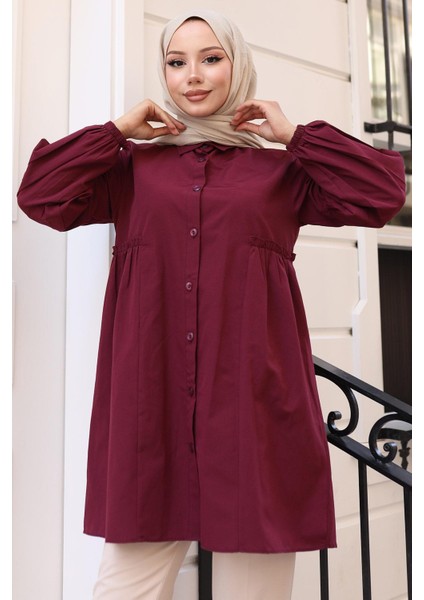 Büzgü Detaylı Balon Kol Gömlek Bordo HM2763 modelleri