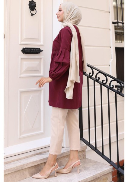 Büzgü Detaylı Balon Kol Gömlek Bordo HM2763 fırsatları