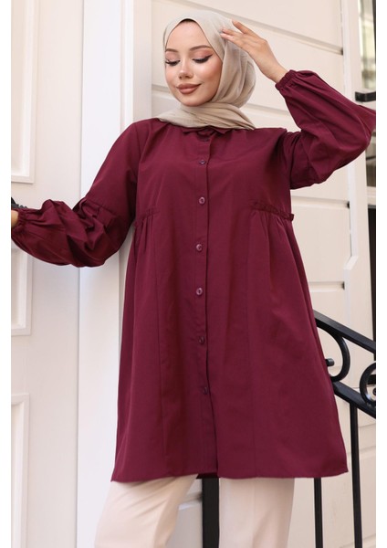 Büzgü Detaylı Balon Kol Gömlek Bordo HM2763 indirimleri