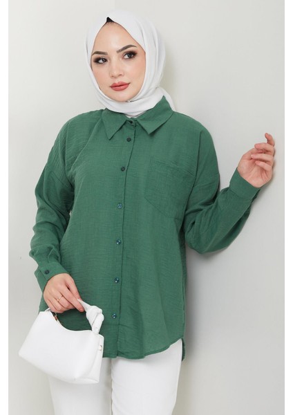 Tek Cepli Uzun Kol Oversize Keten Gömlek Haki HM2651