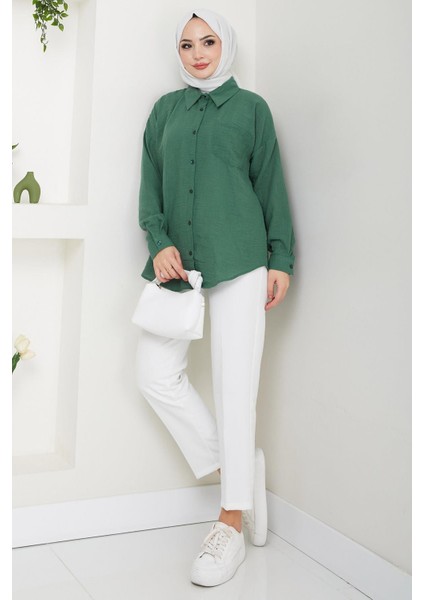 Tek Cepli Uzun Kol Oversize Keten Gömlek Haki HM2651 modelleri