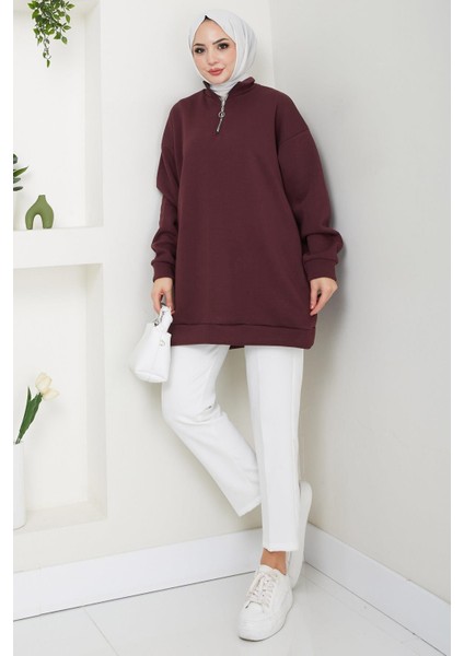 Fermuarlı 3 Iplik Şardonlu Dik Yaka Sweatshirt Tunik Bordo HM2650