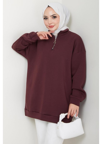 Fermuarlı 3 Iplik Şardonlu Dik Yaka Sweatshirt Tunik Bordo HM2650 fiyatları