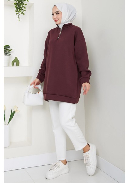 Fermuarlı 3 Iplik Şardonlu Dik Yaka Sweatshirt Tunik Bordo HM2650 modelleri