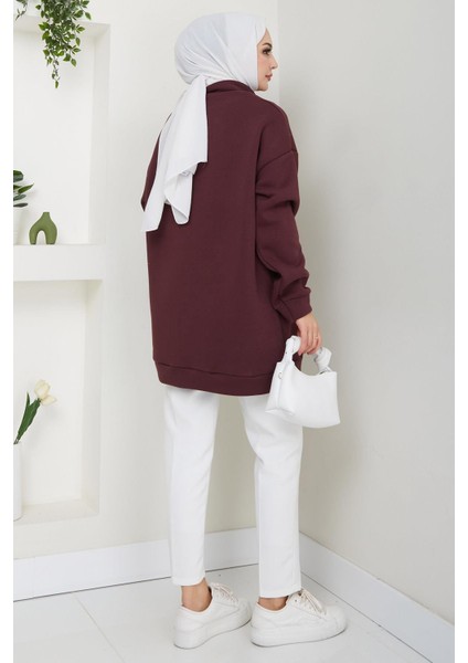 Fermuarlı 3 Iplik Şardonlu Dik Yaka Sweatshirt Tunik Bordo HM2650 fırsatları