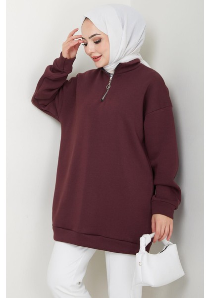 Fermuarlı 3 Iplik Şardonlu Dik Yaka Sweatshirt Tunik Bordo HM2650 indirimleri