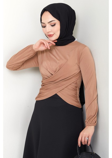 Bisiklet Yaka Büzgülü Sandy Bluz Camel HM2765 modelleri