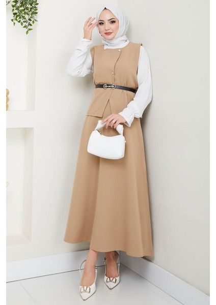 Yelekli Etekli Ikili Takım Bej HM2690