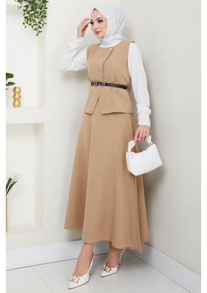 Yelekli Etekli Ikili Takım Bej HM2690 modelleri